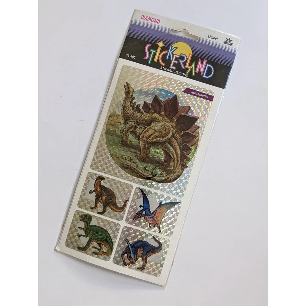Vintage 1993 Stickerland Diamond‎ Dinosaur Holographic Sticker Sheet Stegosaurus